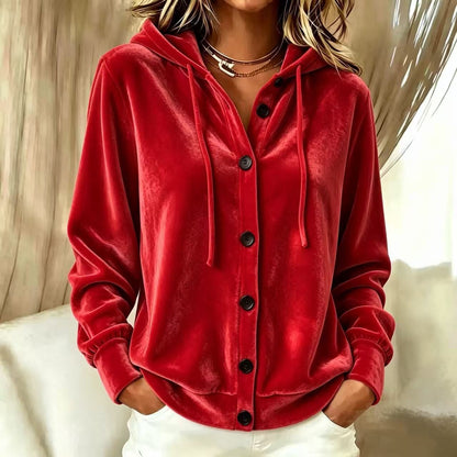 Women Velvet Hooded Button Cardigan Jacket Coat