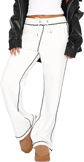 High Waist Wide Leg Jogger Pants with Contrast Stitching