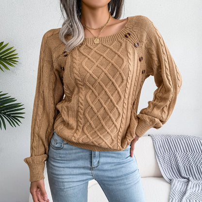 2025 Fall Winter Casual Square Neck Button Detail Cable Knit Sweater