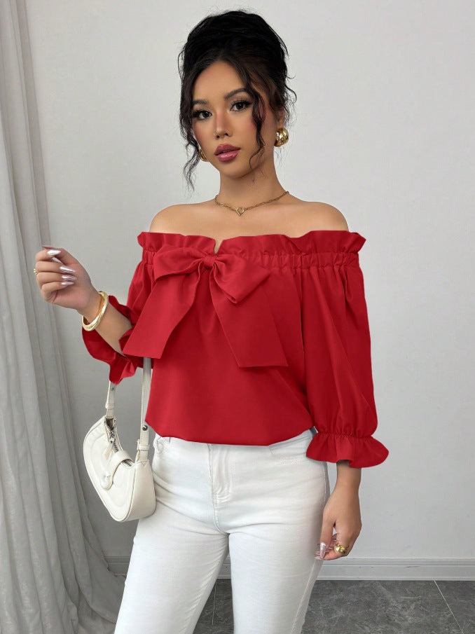 Bow Tie Ruffle Neck Blouse Puff Sleeve Dressy Casual Top