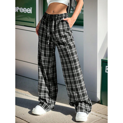 Plaid Wide Leg Pants Drawstring Casual Lounge Pants