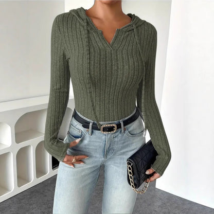 Women's Sexy Hooded Ribbed Long Sleeve Bodysuit Bodycon