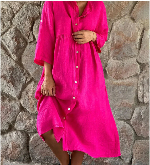 Women's Cotton Linen Button Down Maxi Dress Loose Fit