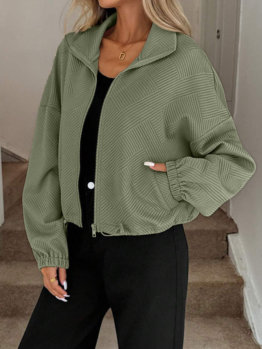 Textured Zip Up Bomber Jacket Drawstring Hem Casual Coat