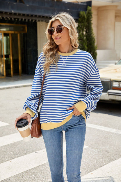 Striped Color Block Crew Neck Oversized Sweatshirt