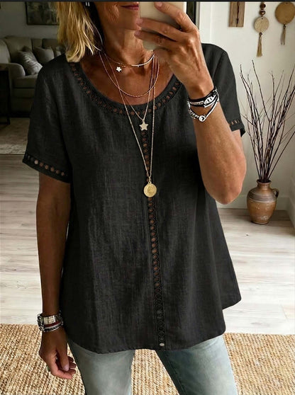 Cotton Blend Top Lace Trim Cutout Short Sleeve Shirt