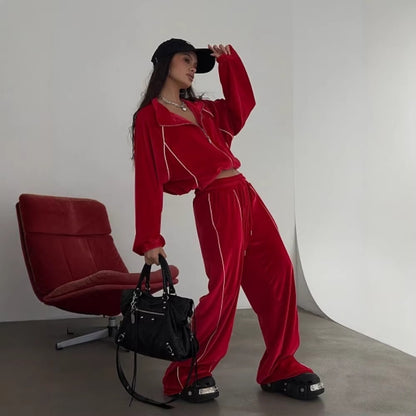 Women's Velour Contrast Piping Two Piece Track Set