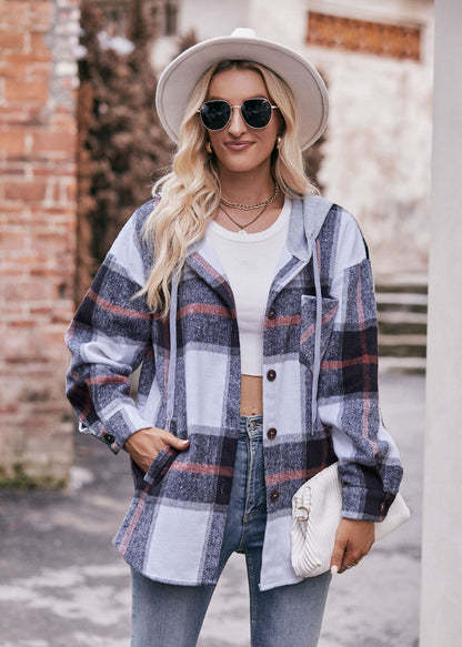 Plaid Hooded Shacket Jacket Oversized Fall Layering Coat