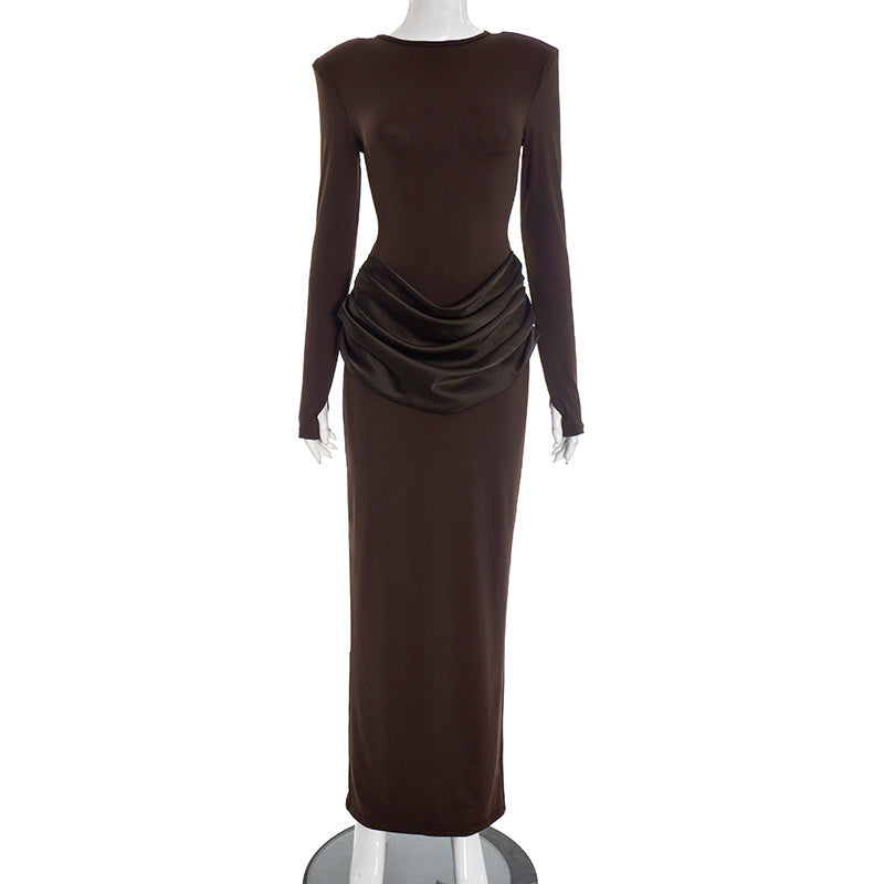 Women's Boat Neck Long Sleeve Ruched Bodycon Maxi Dress