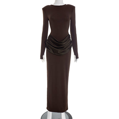 Women's Boat Neck Long Sleeve Ruched Bodycon Maxi Dress