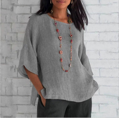 Women Cotton Linen 3/4 Sleeve Round Neck Plus Size Blouse