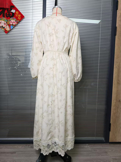 Boho Floral V-Neck Lace Balloon Sleeve Maxi Dress