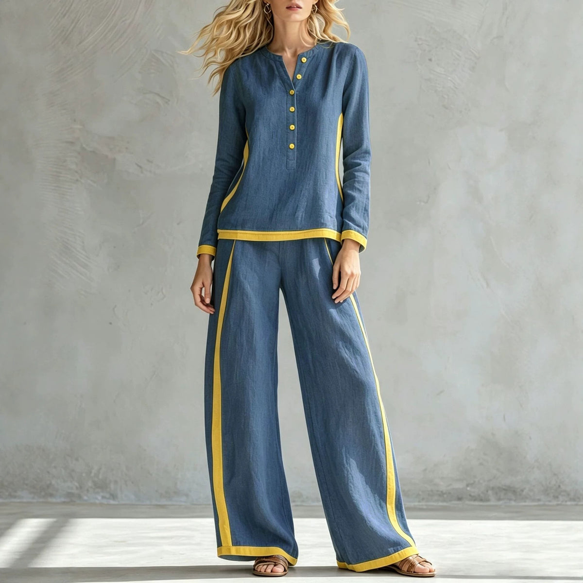 Women's Colorblock Wide Leg Pant Set Button Front Top