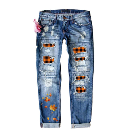 Women's Distressed Straight Jeans Plaid Patch Maple Leaf
