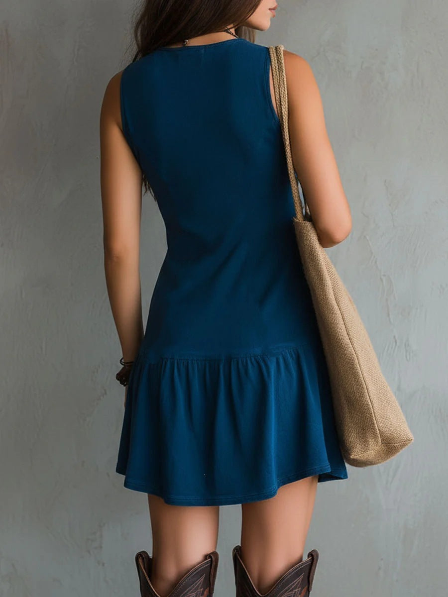 Women's Sleeveless U-Neck Button Front Lace Mini Dress
