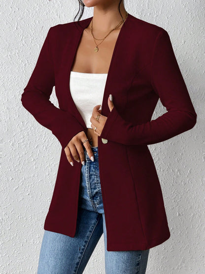 Women's Casual V-Neck One Button Solid Blazer Jacket