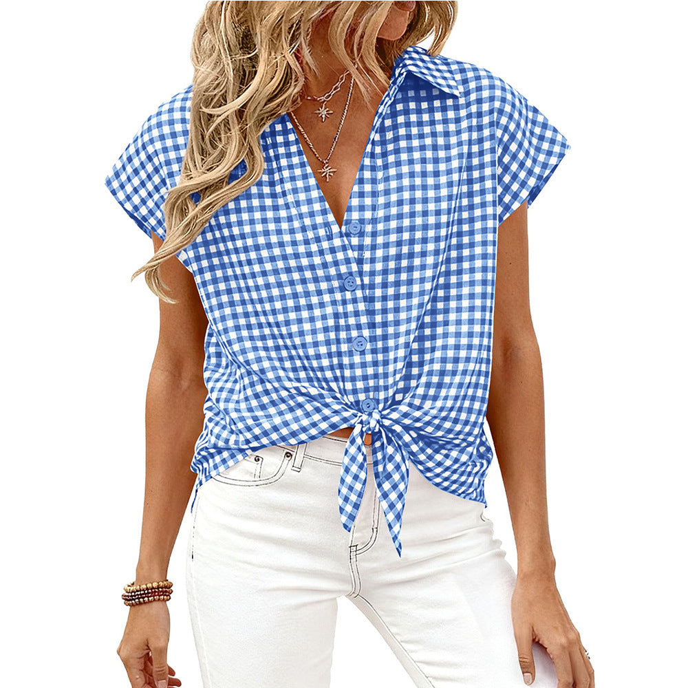 Gingham Button Down Short Sleeve Loose Fit Blouse
