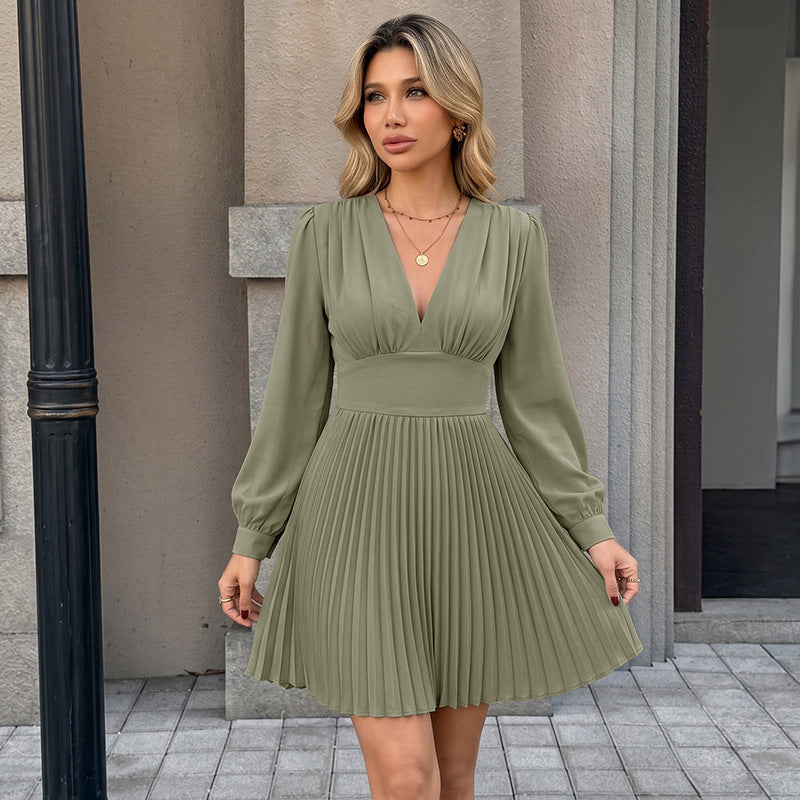 Solid Pleated V-Neck Dress Lantern Sleeve Elegant