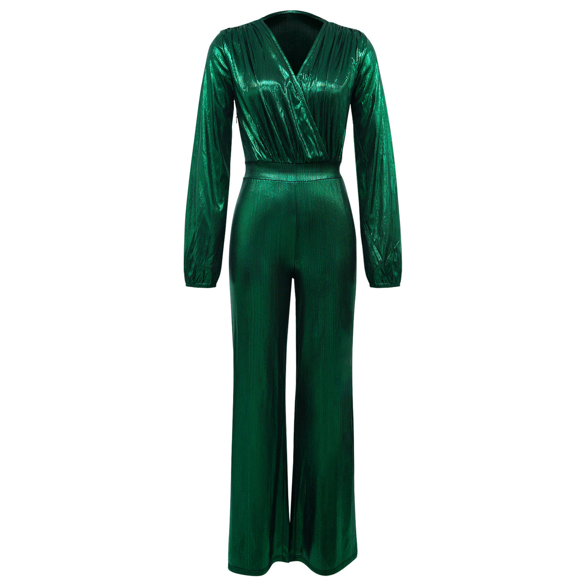 Sexy Metallic V-Neck Long Sleeve Flare Jumpsuit