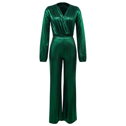 Sexy Metallic V-Neck Long Sleeve Flare Jumpsuit