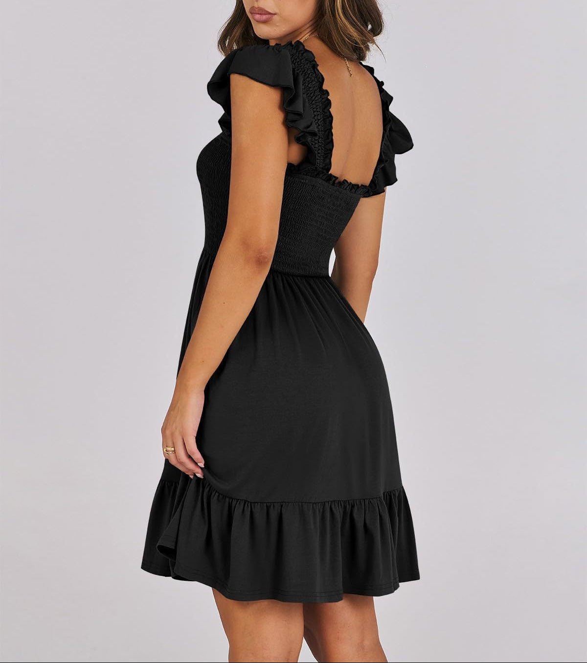 Smocked Square Neck Ruffle Sleeve Midi Dress