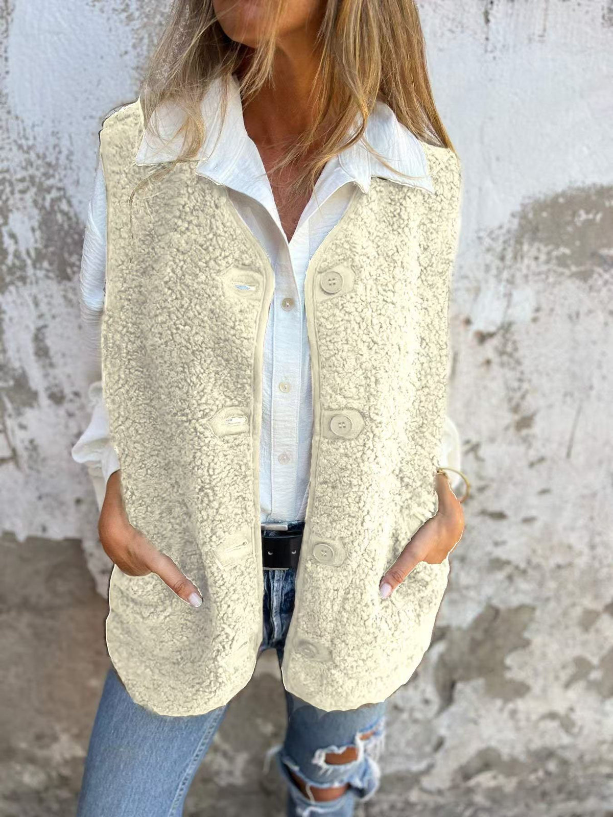 Women's Sherpa Fleece Button Down V Neck Vest