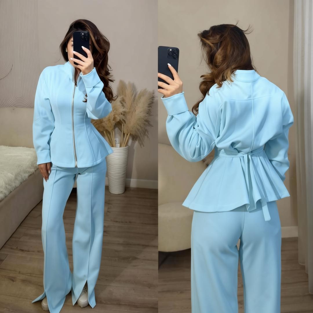 Women's 2 Piece Zip Up Cinched Waist Wide Leg Pants Set
