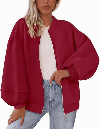 Women's Oversized Zip Up Bomber Jacket Lantern Sleeve