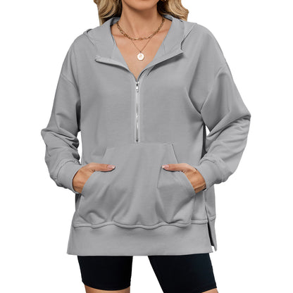 Womens Half Zip Hoodie Oversized Pocket Sweatshirt