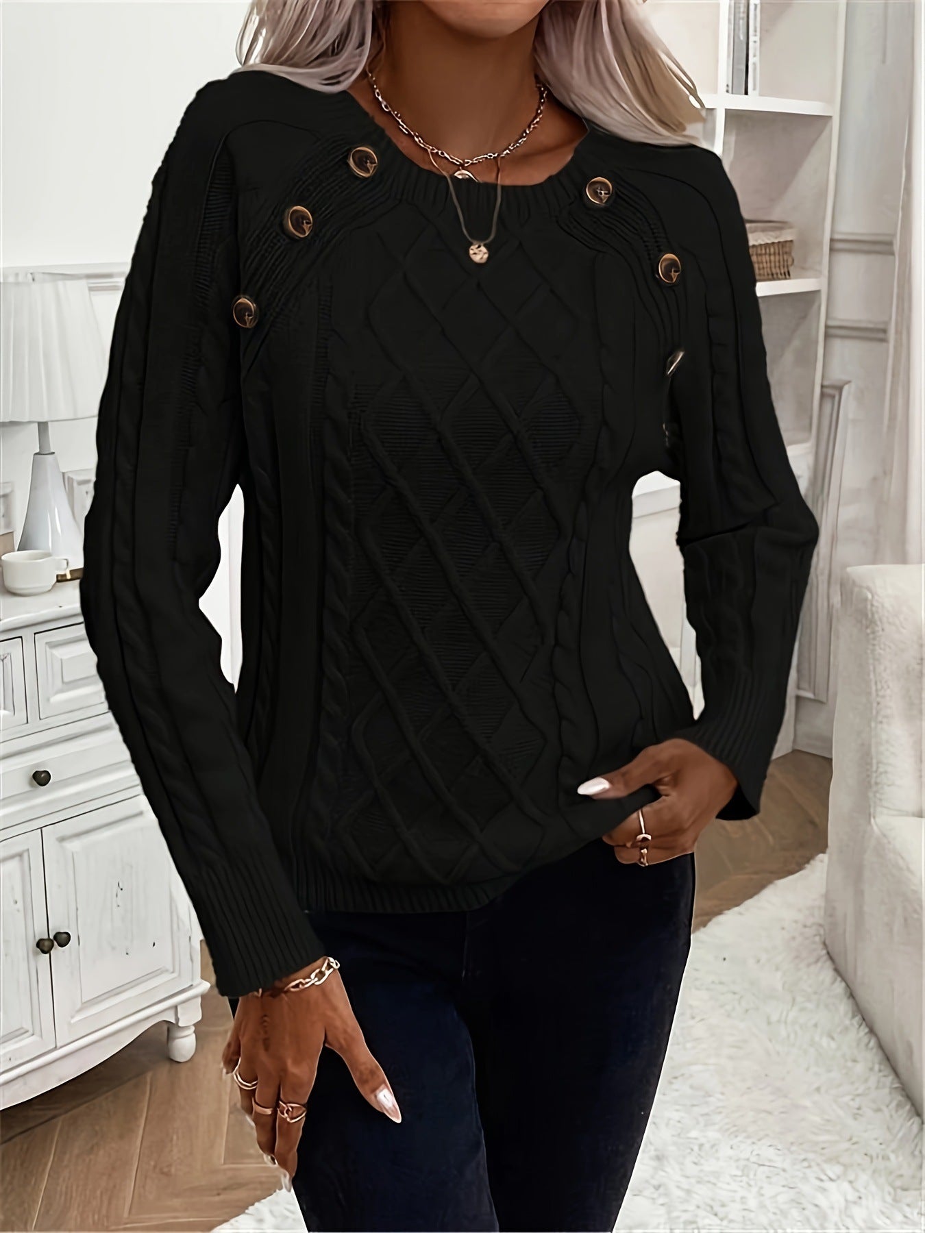 Women's Oversized Cable Knit Button Crew Neck Sweater