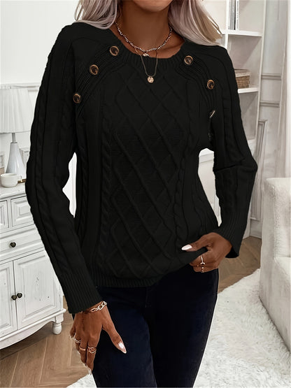 Women's Oversized Cable Knit Button Crew Neck Sweater