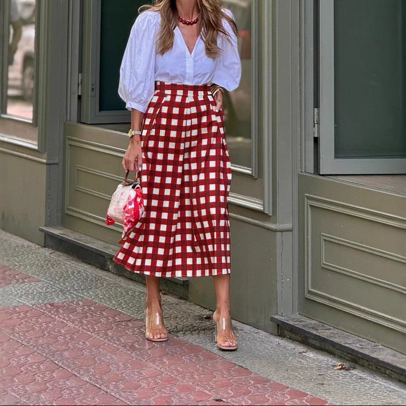 Gingham High Waisted A-Line Pleated Midi Skirt