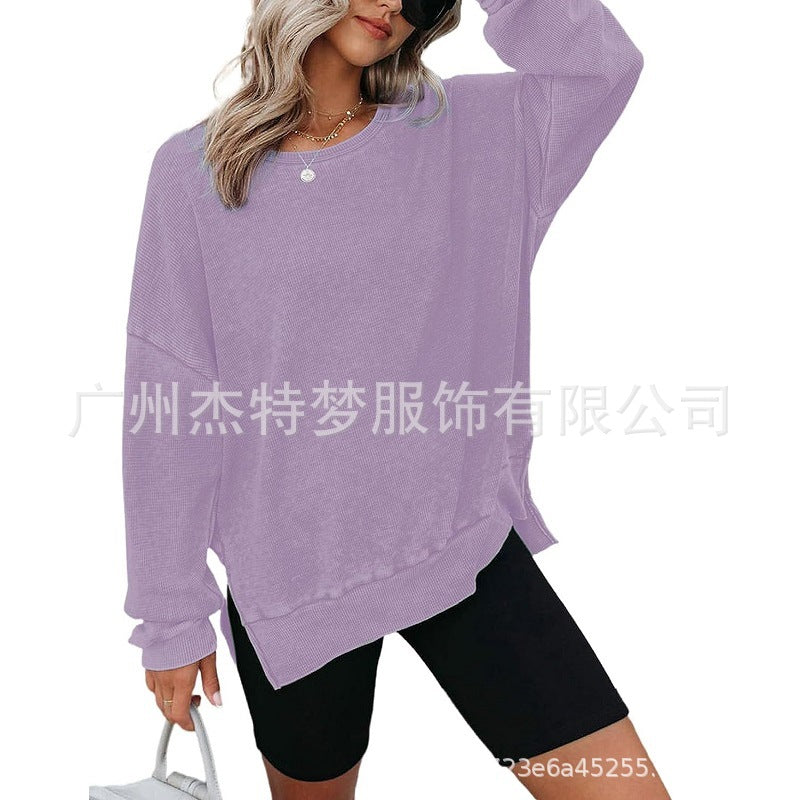 Waffle Split Hem Sweatshirt Women Casual Long Sleeve Top