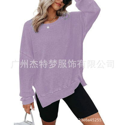 Waffle Split Hem Sweatshirt Women Casual Long Sleeve Top