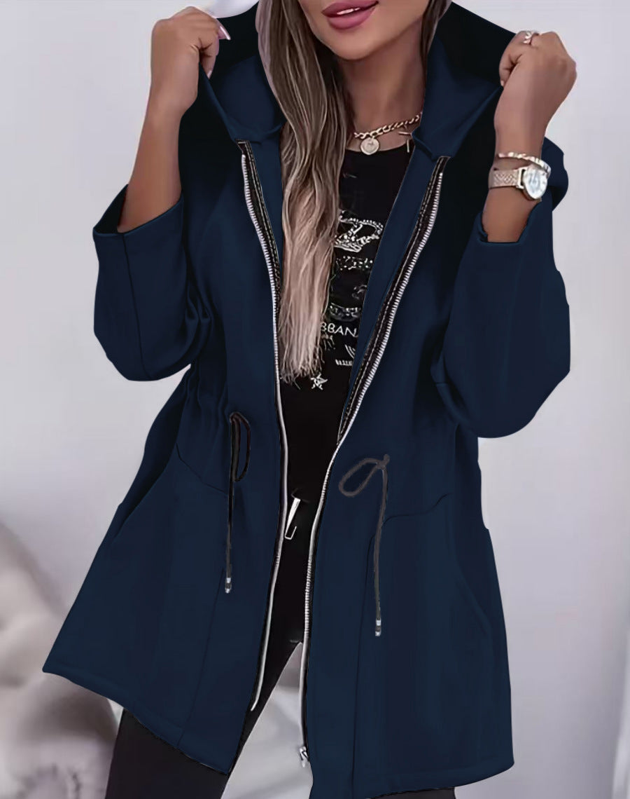 Women's Hooded Drawstring Waist Zip-Up Mid Length Jacket