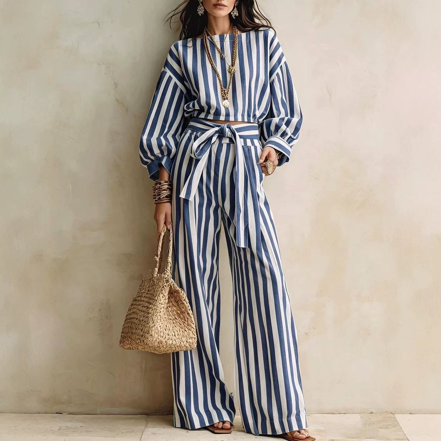 Striped Two Piece Crop Top Wide Leg Pants Set