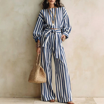 Striped Two Piece Crop Top Wide Leg Pants Set