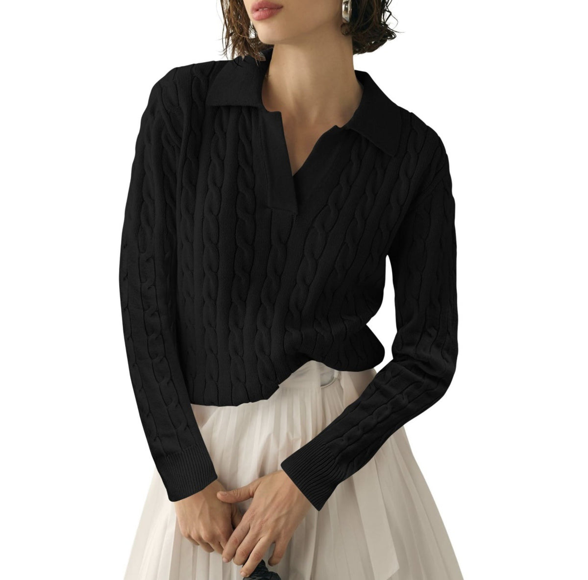 Women's Cable Knit Collared V Neck Pullover Sweater