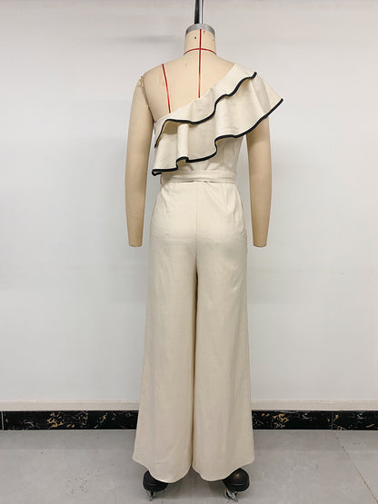 Women One Shoulder Ruffle Jumpsuit Wide Leg High Waist Tie Waist