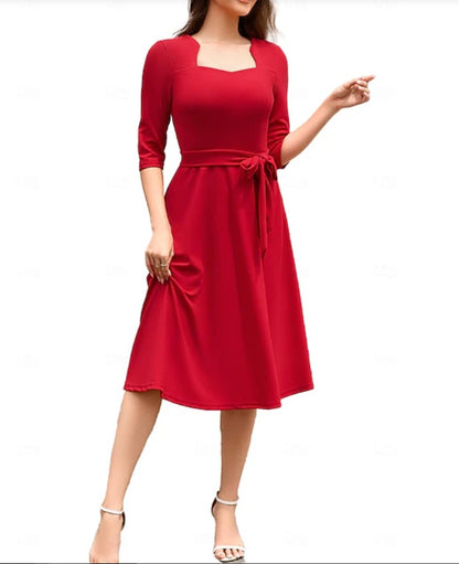Square Neck Tie Waist A-Line Midi Dress 3/4 Sleeve Elegant