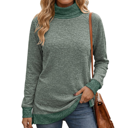 Color Block Turtleneck Long Sleeve Side Slit Tunic Top