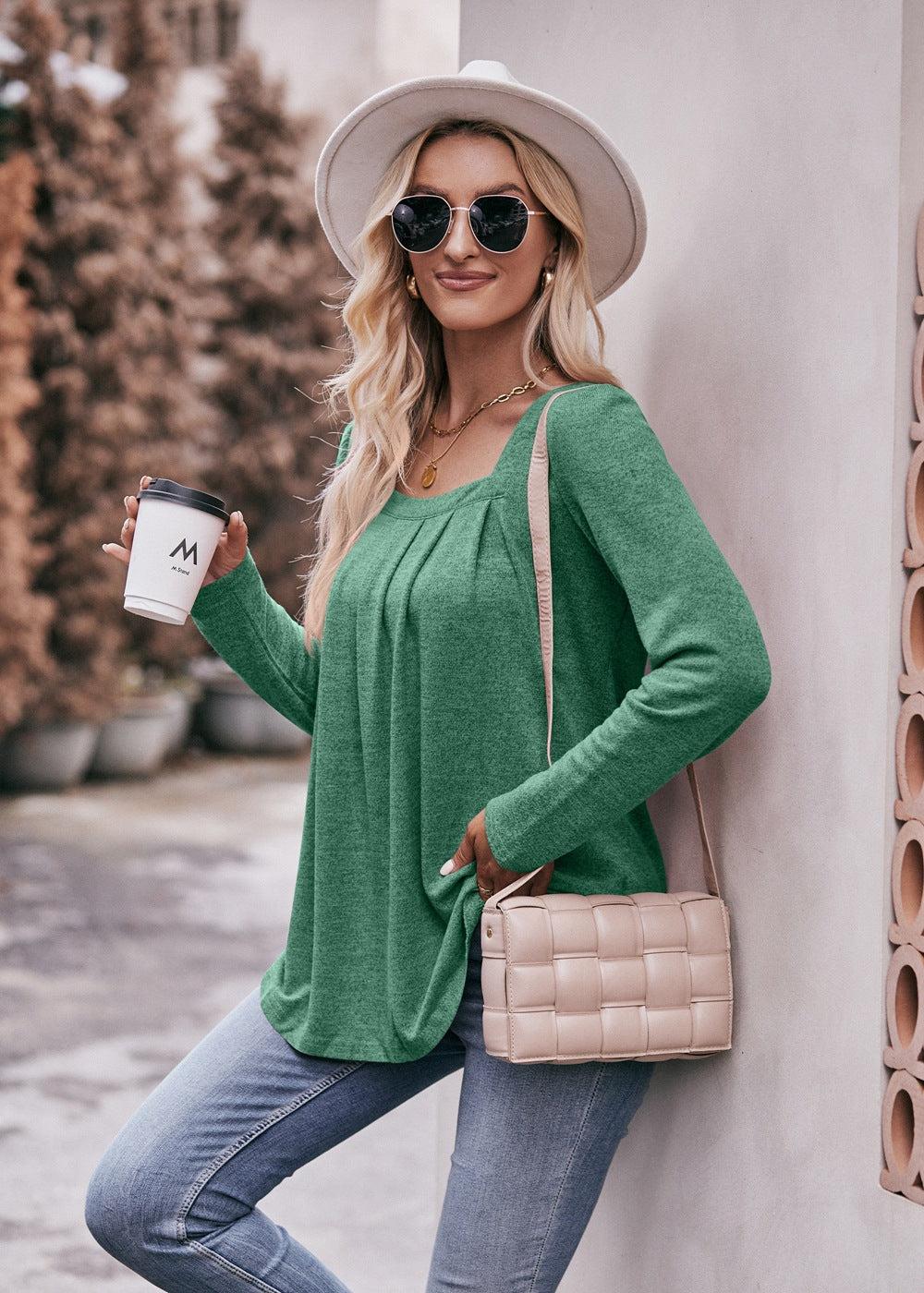 Square Neck Pleated Long Sleeve Top for Women