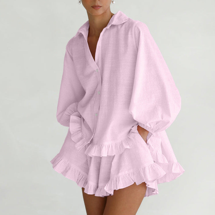 Pink Ruffle Striped Two Piece Set Puff Sleeve Shirt Shorts