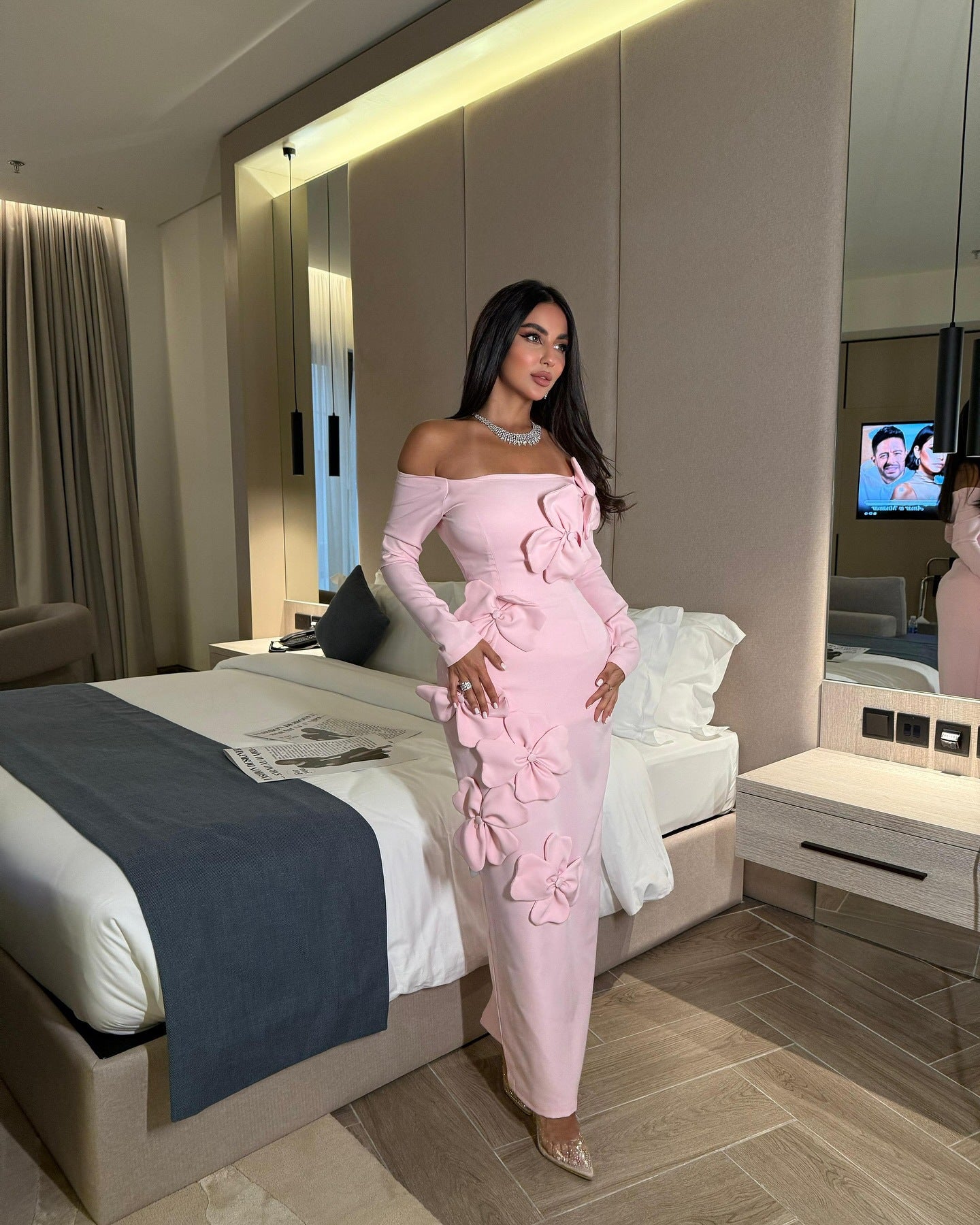 Pink Off Shoulder Long Sleeve Floral Bodycon Maxi Dress