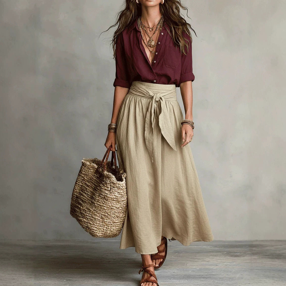 Women's Color Block Shirt & Skirt Two Piece Set
