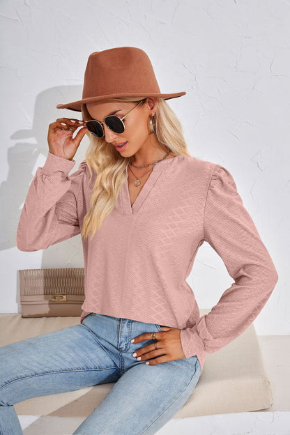 Women's V Neck Puff Sleeve Textured Tunic Top Long Sleeve