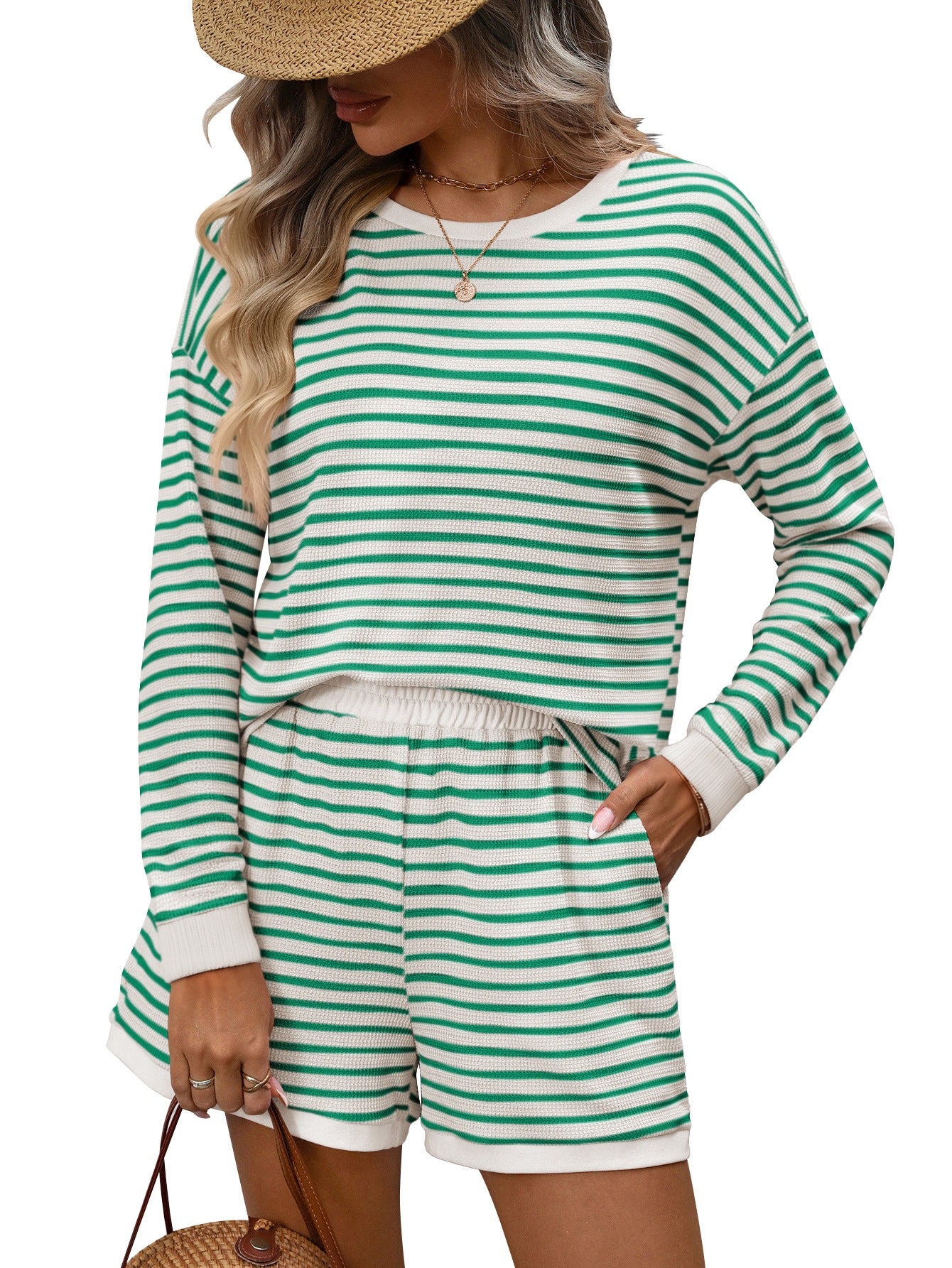 Striped waffle knit top and shorts two piece set