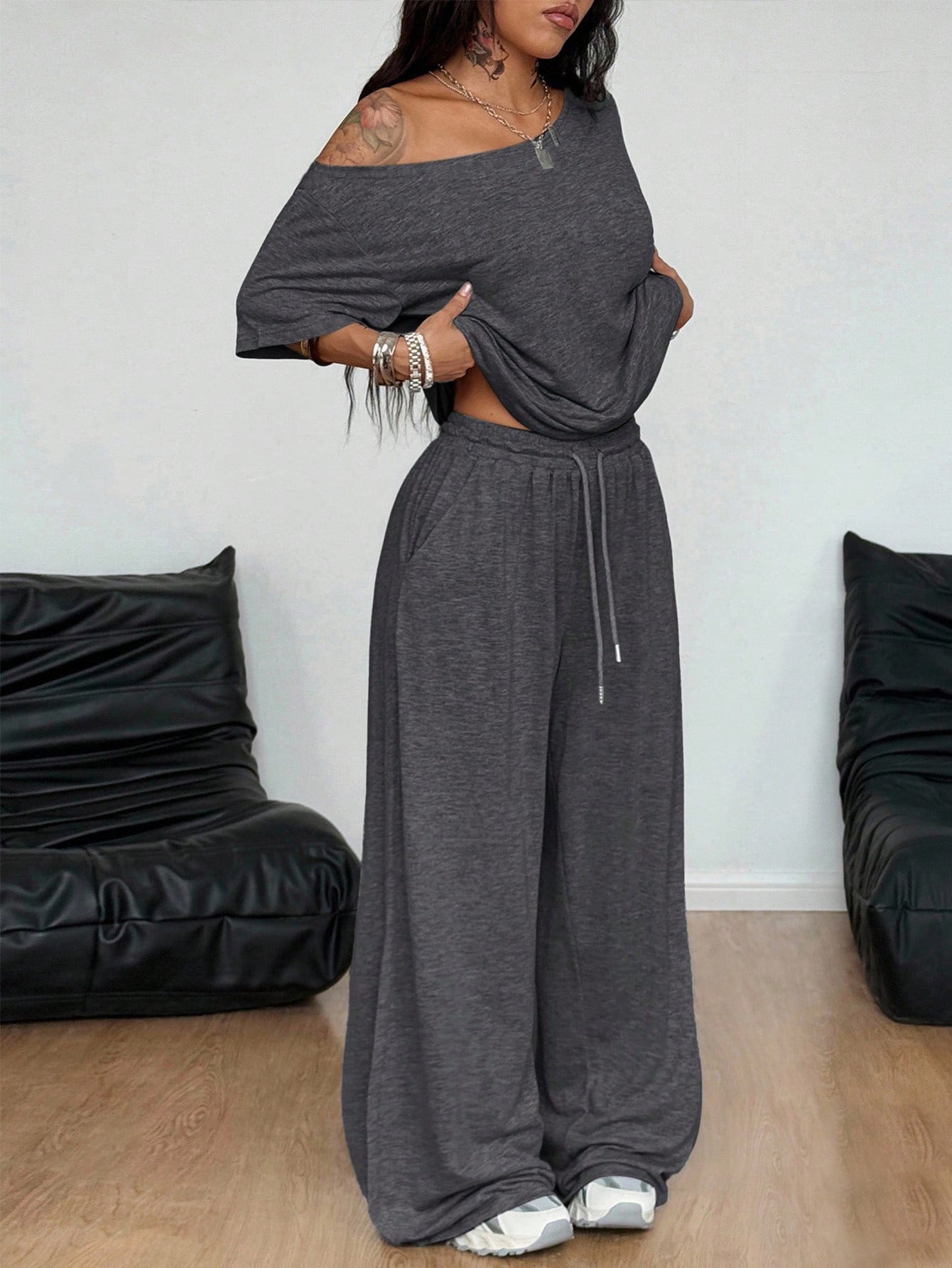 Women Off Shoulder Wide Leg Pants Casual Two Piece Set