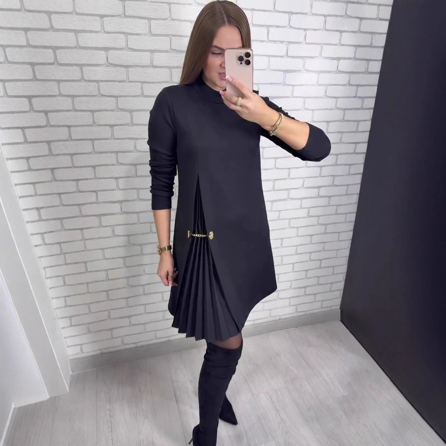 Black Mock Neck Long Sleeve Ruched Midi Dress