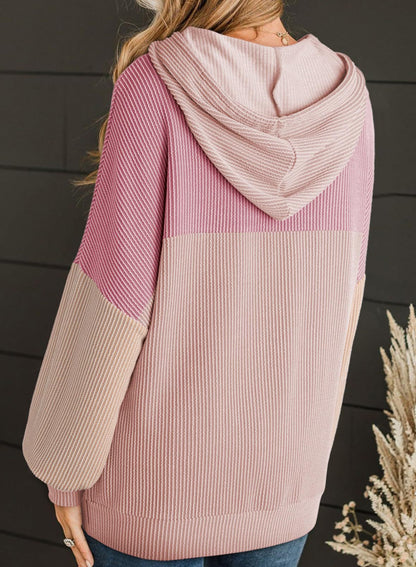 Color Block Ribbed Knit Hoodie Long Sleeve Sweatshirt